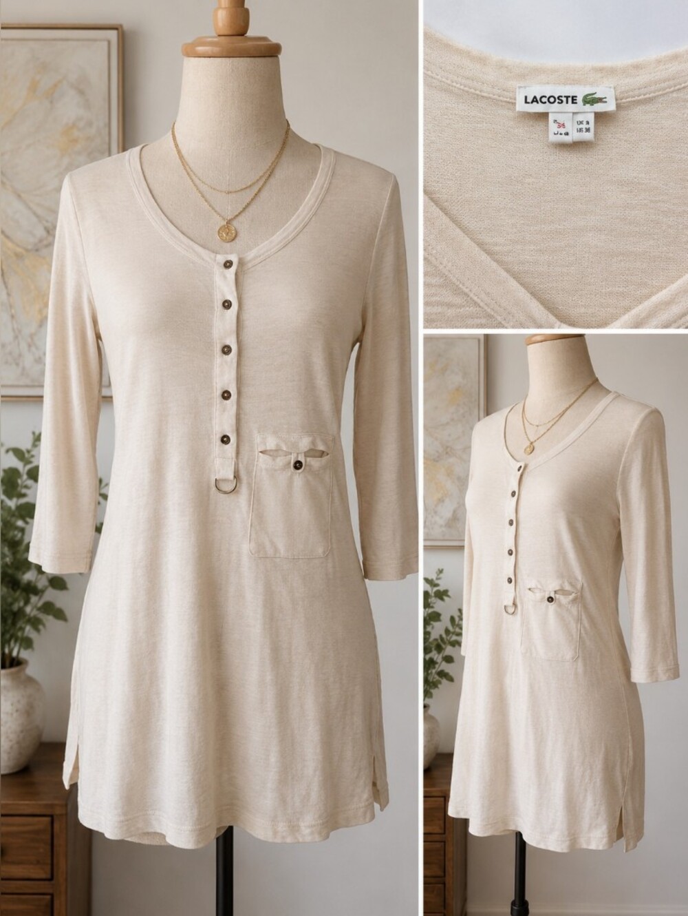 Lacoste Vintage Inspired Linen Viscose Blend Long Henley Top | Size 36